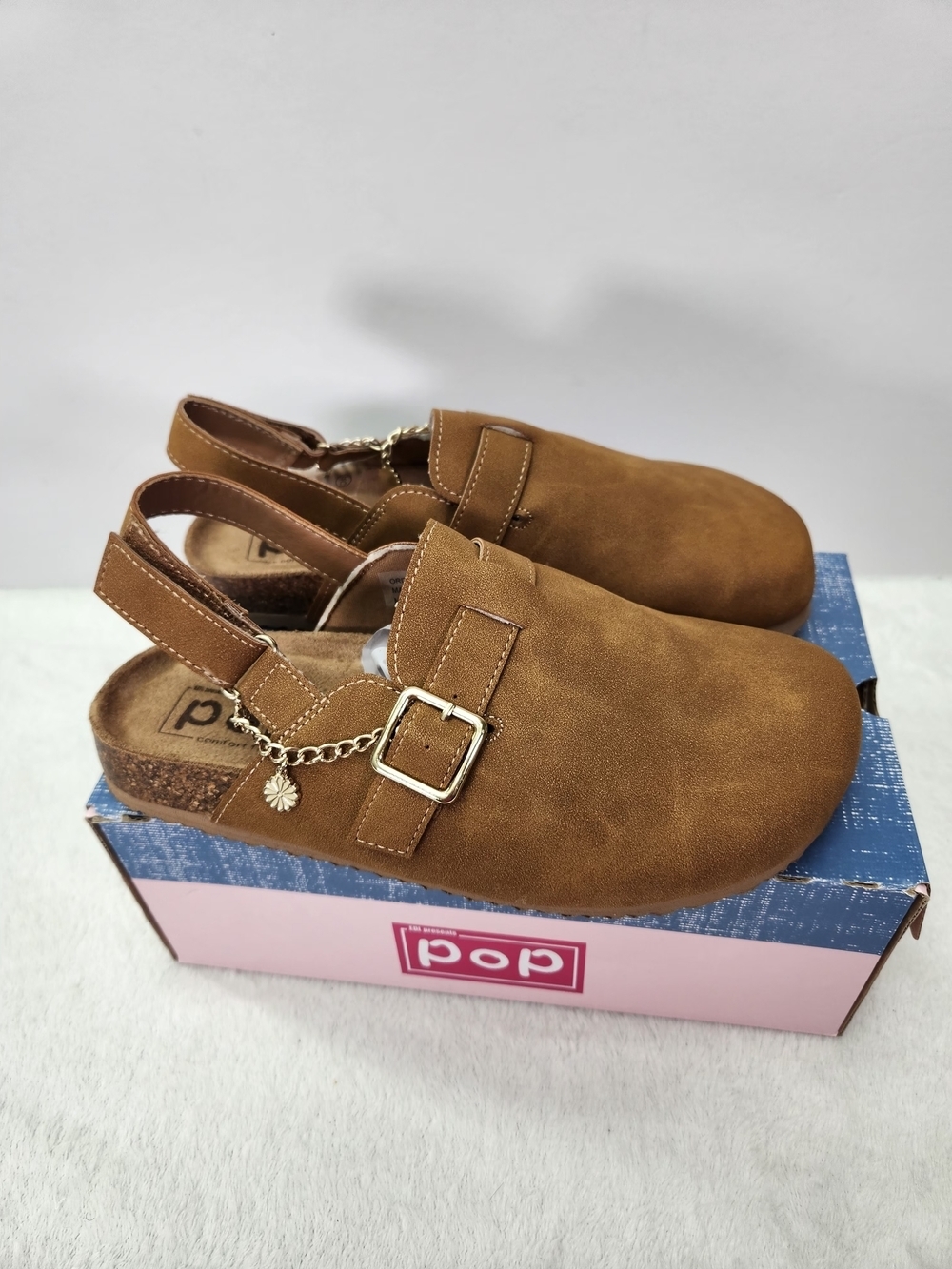pop Ordelia Tan Suede-Look Slingback Clog with Buckle and Charm Size 8.5 - Picture 4 of 11